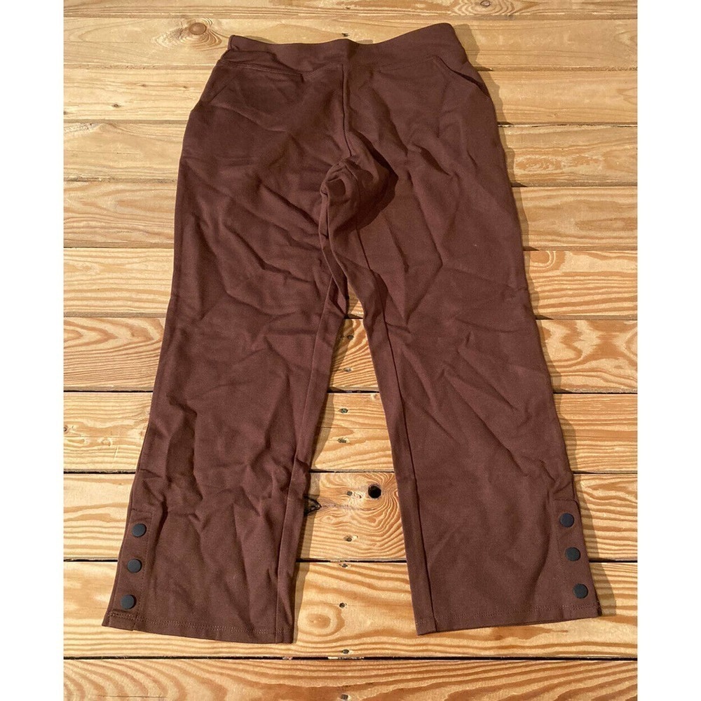 NEW Belle By Kim Gravel Ponte Ankle Pants Petite 4P Women’s Brown Snap Details